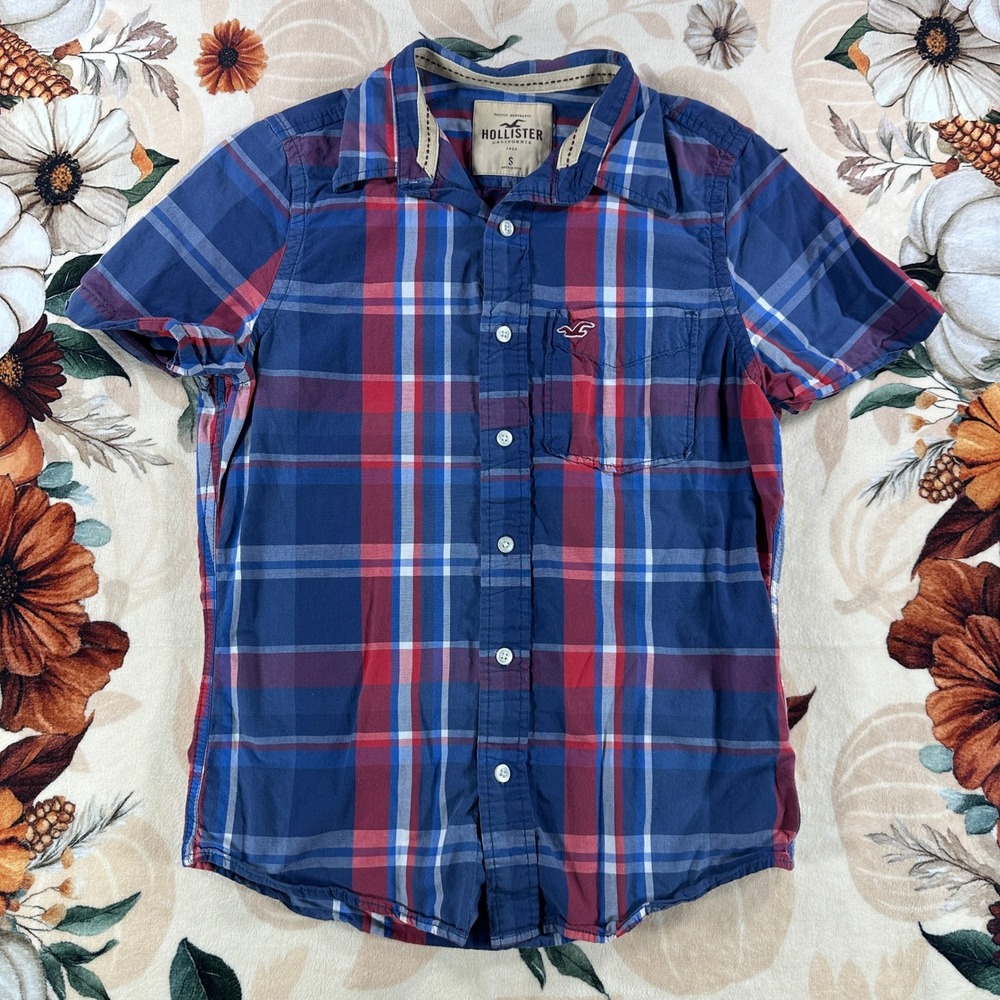 Y2K Hollister California Mens Plaid Button Up Short Sleeve Shirt Navy Red Small